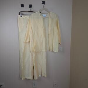 Silk Club Linen/ Silk Open Front Top with Wide Leg Pull-on Pants Yellow Size M